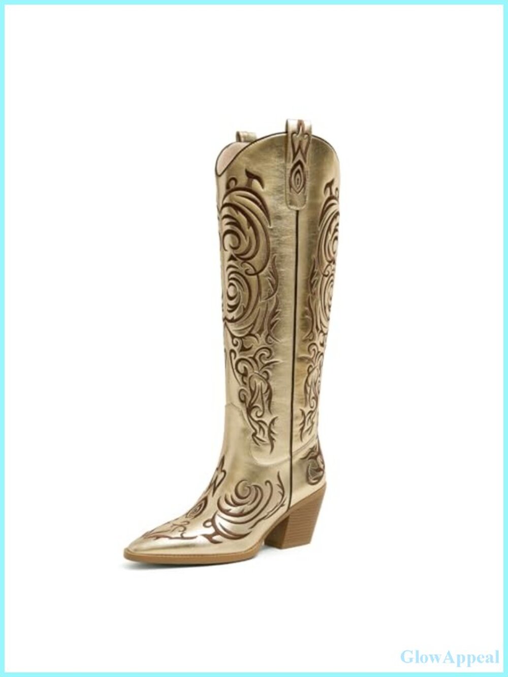 Faux Leather Knee-High Western Boots Pointed Toe Embroidered